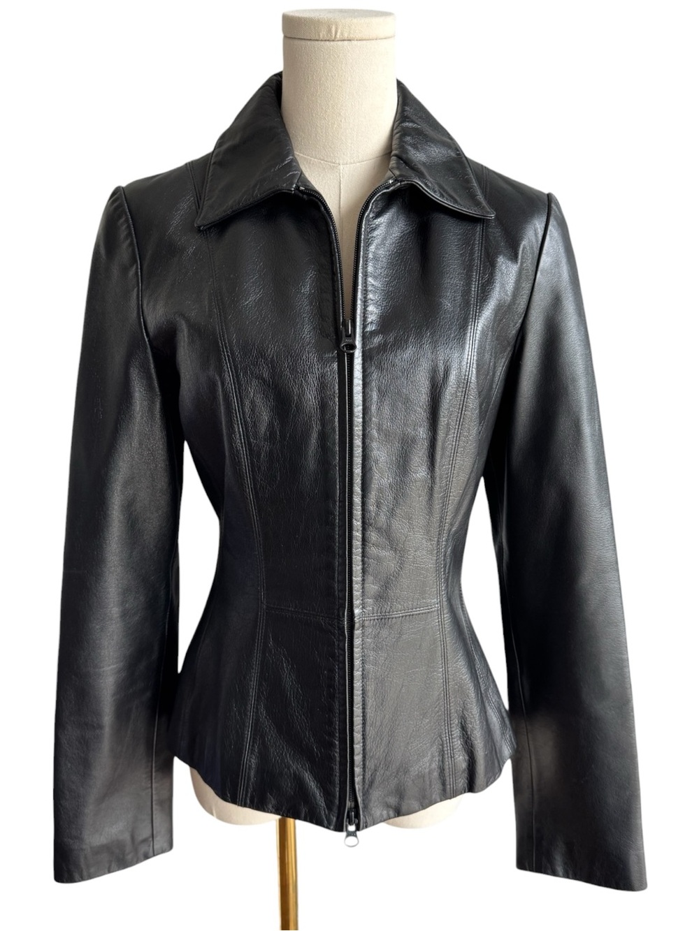 Danier Y2K Black Leather Jacket Sz XS Fitted Full Zip Sleek Stylish Moto 90s EUC